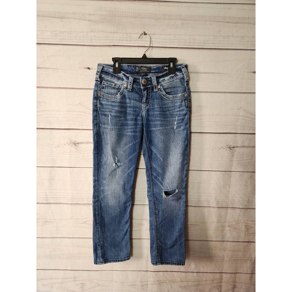 Silver Womens Aiko Capri Jeans Blue Distressed Stone Wash Low Rise Denim 26x22 - Picture 1 of 8